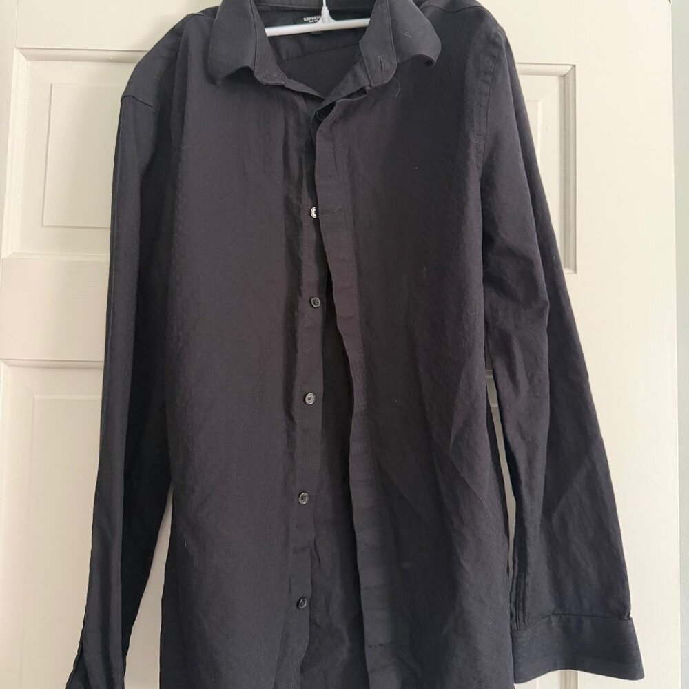 Mens Express Dress Shirt Black Herringbone Pattern